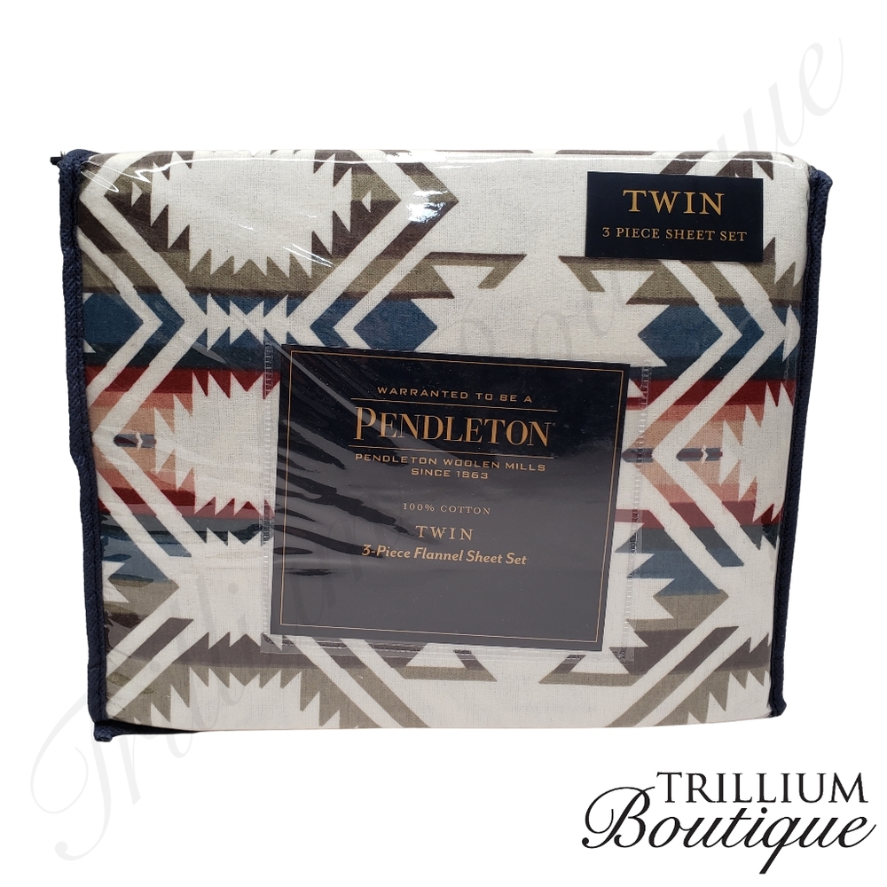Pendleton 3-Piece Flannel Sheet Set Twin 100% Cotton White S. Multi Colorful